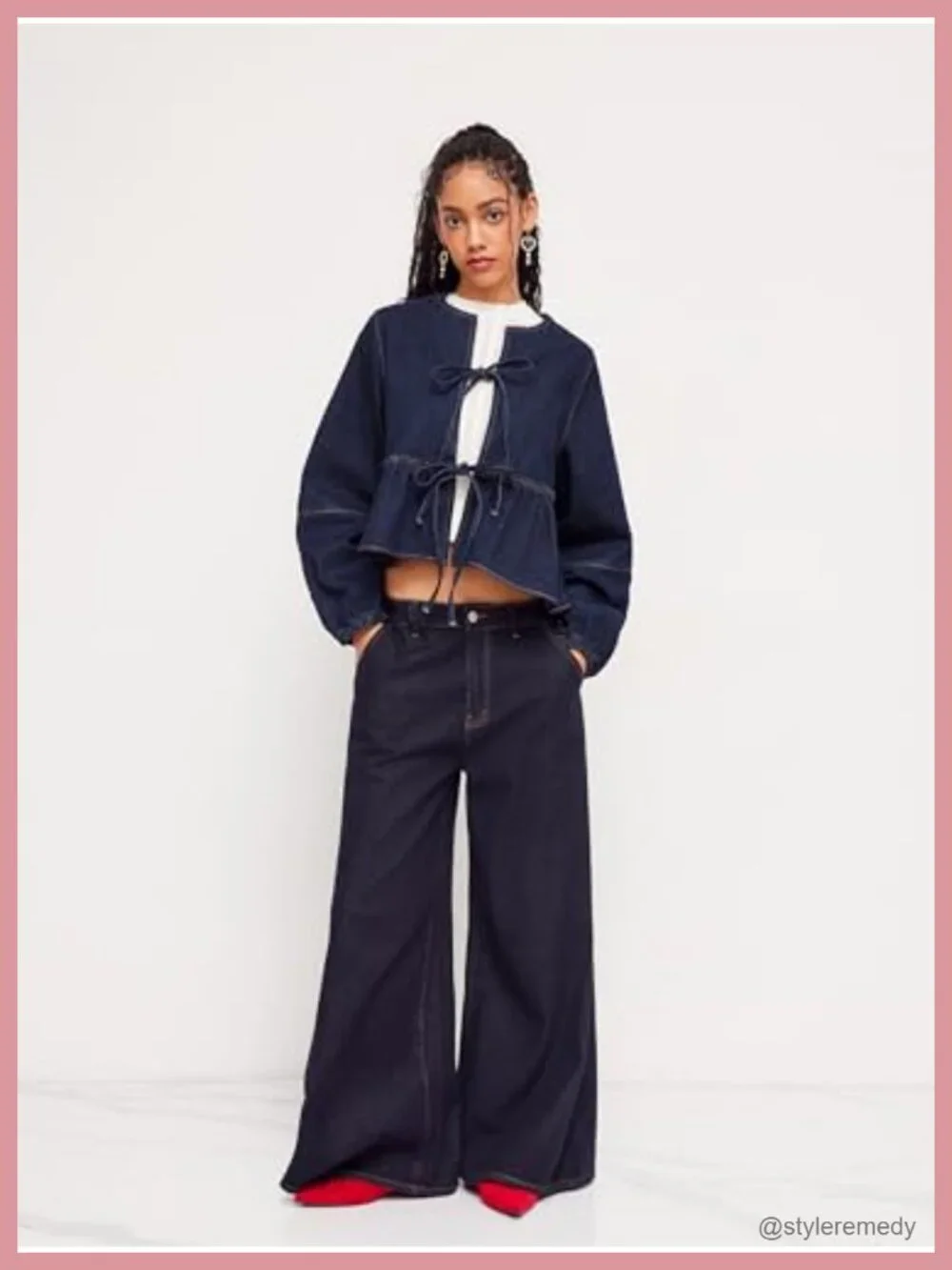Cropped Denim Jacket Women Long Sleeve Peplum Y2K Tie Front